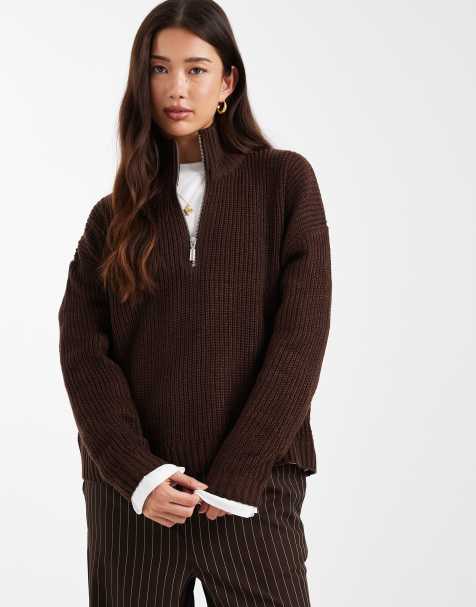 Brave Soul chunky knit quarter zip sweater in brown - view 1