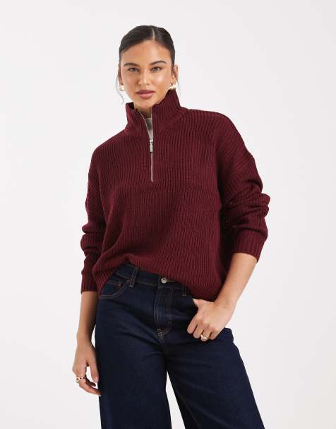 Brave Soul chunky knit quarter zip sweater in burgundy - view 1