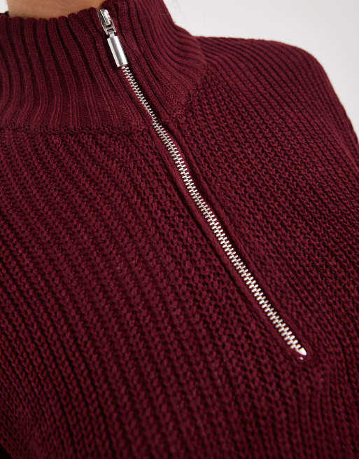 Brave Soul chunky knit quarter zip sweater in burgundy, 2 of 4