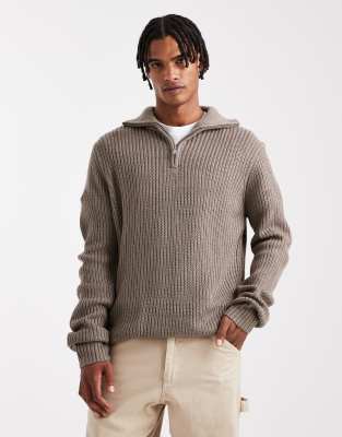 Brave Soul chunky knit quarter zip sweater in taupe-Gray