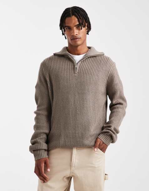 Brave Soul chunky knit quarter zip sweater in taupe - view 1