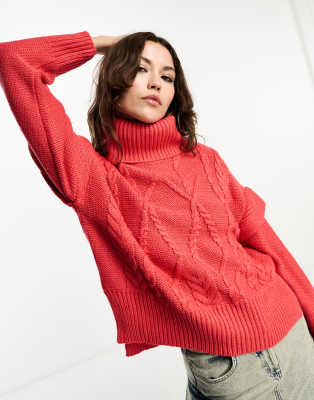 Brave Soul cindy roll neck cable knit jumper with sleeve detail in crimson