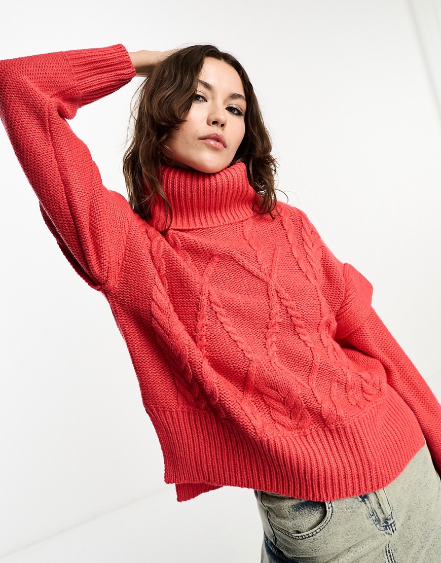 Brave Soul cindy roll neck cable knit jumper with sleeve detail in crimson-Pink