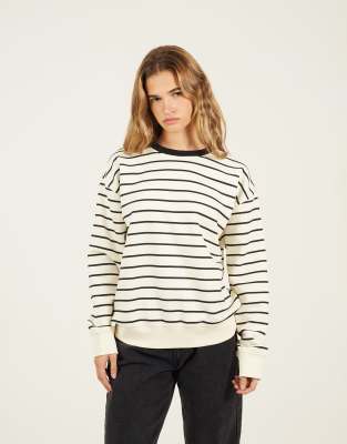Brave Soul Classic stripe crew neck sweatshirt in cream-White