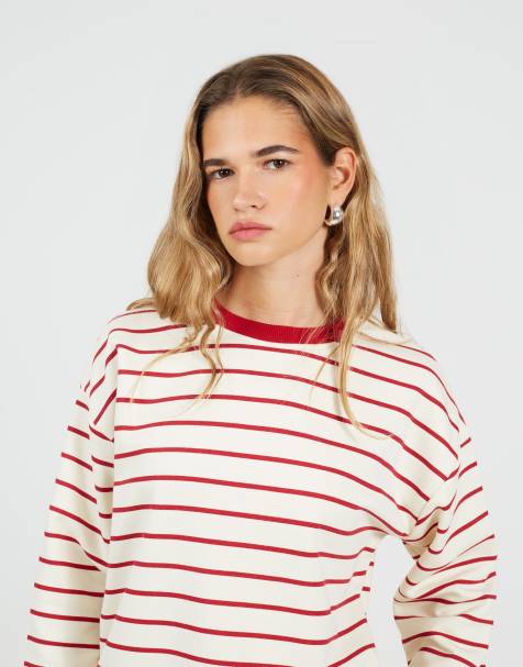Brave Soul Classic stripe crew neck sweatshirt in red - view 1