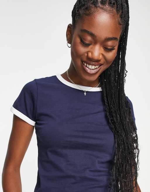 Brave Soul – Claudia – Marinblå t-shirt med kantrand, 3 av 4