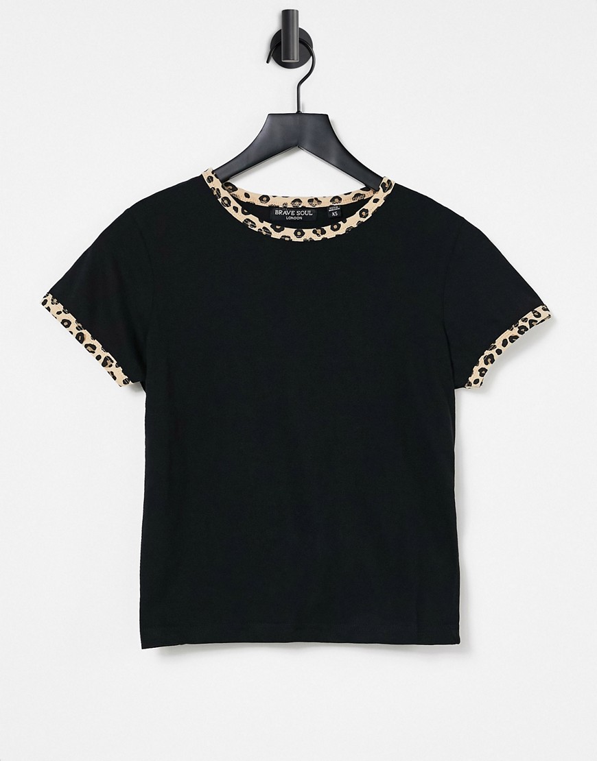 Brave Soul - Claudine - Ringer T-shirt met luipaardprint aan de rand-Zwart