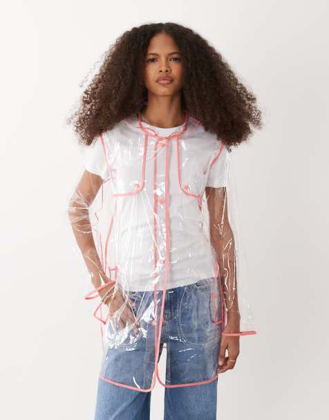 Brave Soul clear festival rain mac with pink seam detail - view 1