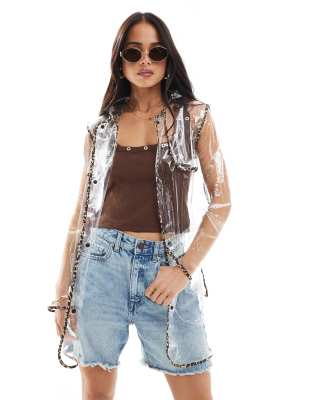 Brave Soul clear festival rainmac with leopard print trim