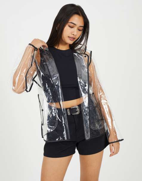 Brave Soul Clear hooded festival rain mac with contrasting binding in multi - view 1