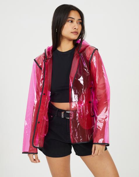 Brave Soul Clear hooded festival rain mac with contrasting binding in pink - view 1