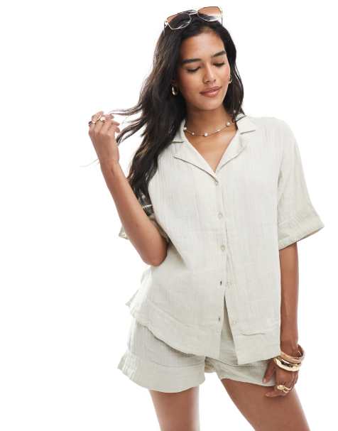 Brave Soul co-ord cotton textured short sleeve shirt in ecru - view 1