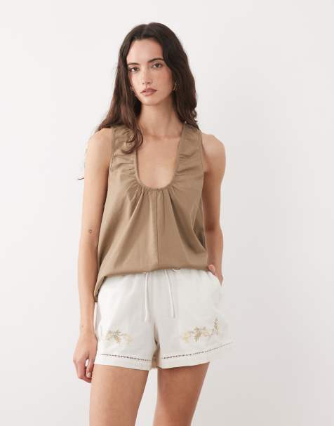 Brave Soul co-ord embroidered shorts in cream - view 1