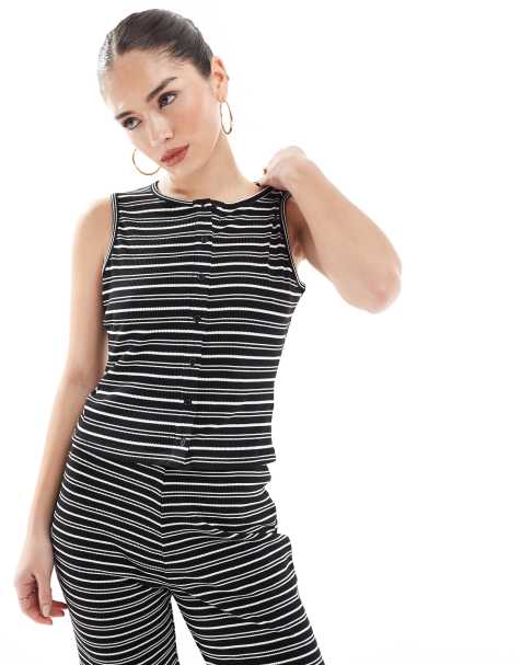 Brave Soul co-ord jersey button through top in black and white stripe - view 1