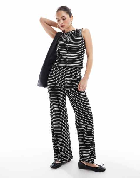 Brave Soul co-ord jersey wide leg trouser in black and white stripe - view 1