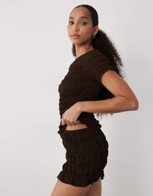Brave Soul Co-ord ruched mini shorts with ruffle detail in chocolate brown