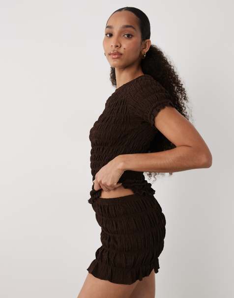 Brave Soul Co-ord ruched mini shorts with ruffle detail in chocolate brown - view 1