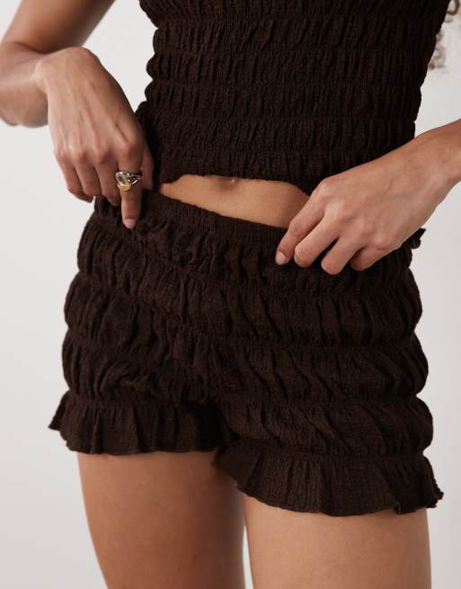 Brave Soul Co-ord ruched mini shorts with ruffle detail in chocolate brown, 5 of 5
