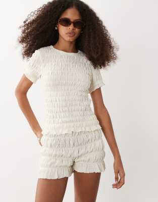 Brave Soul Co-ord ruched mini shorts with ruffle detail in off white