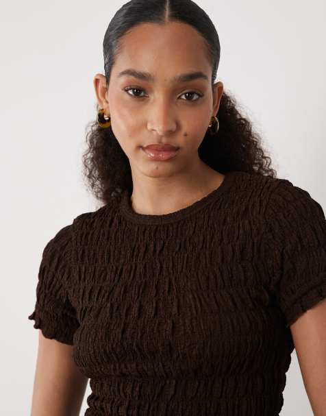 Brave Soul co-ord ruched short sleeve t-shirt with ruffle detail in chocolate brown - view 1