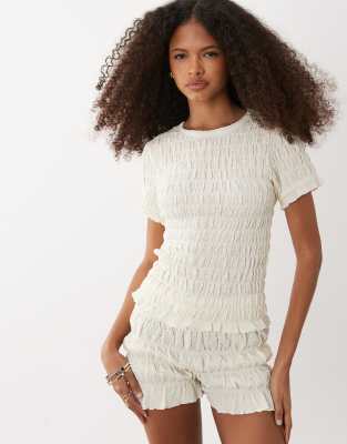 Brave Soul Co-ord Ruched Short Sleeve T-shirt With Ruffle Detail In Transparent