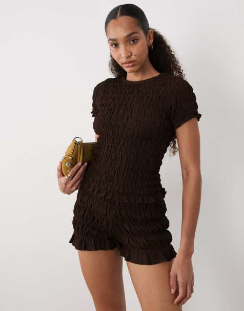 Brave Soul Co-ord ruched shorts and t shirt in chocolate brown - view 1