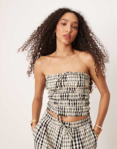 Brave Soul Co-ord shirred bandeau top in check design - view 1