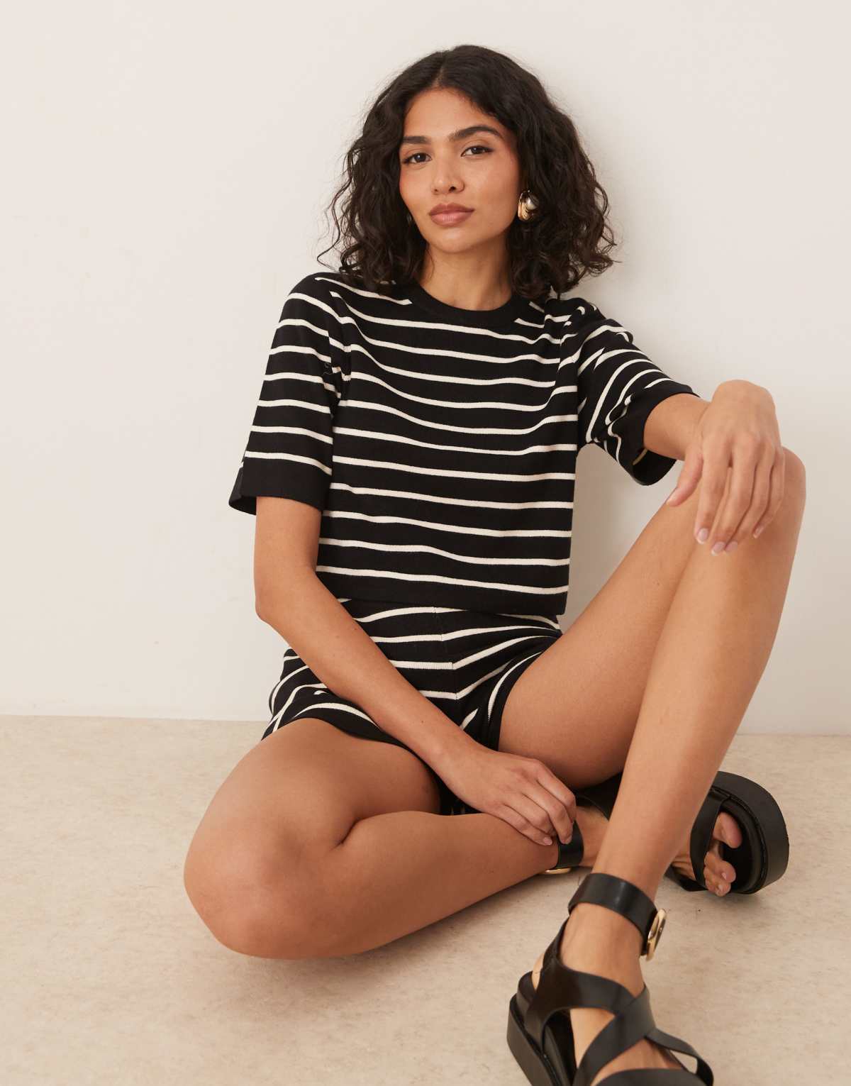 Brave Soul Co-ord short sleeve knitted t-shirt in black and white stripe