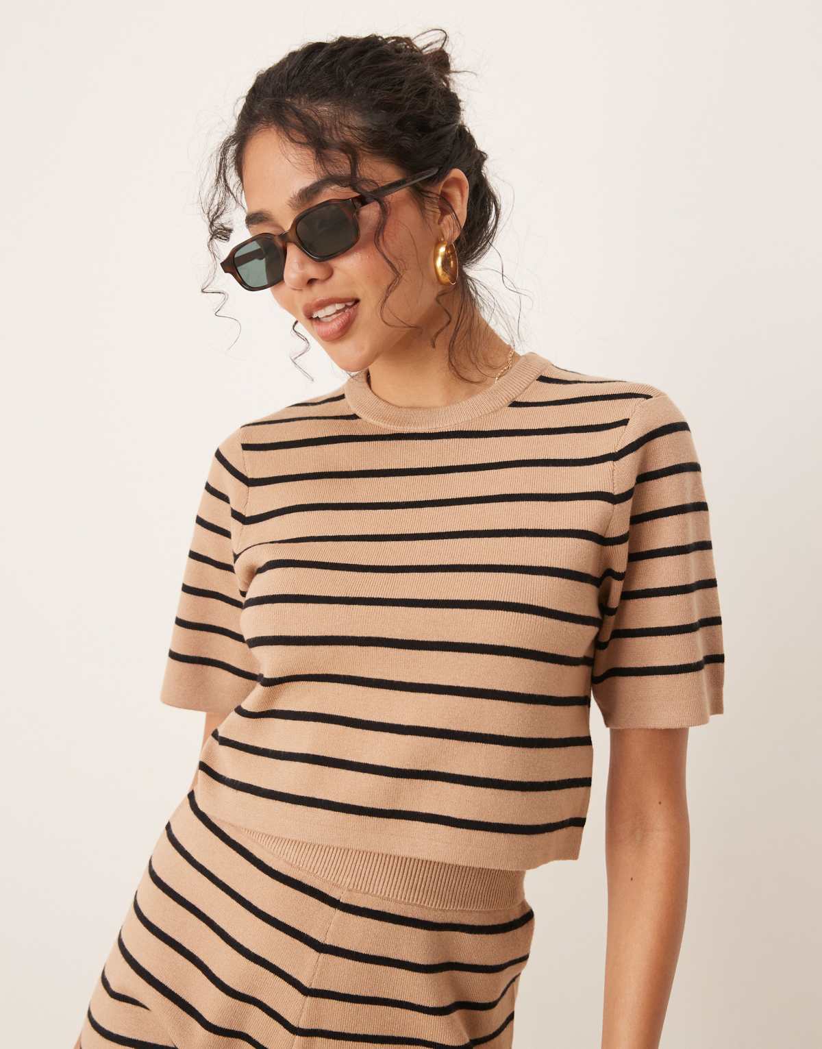 Brave Soul Co-ord short sleeve knitted t-shirt in tan and black stripe