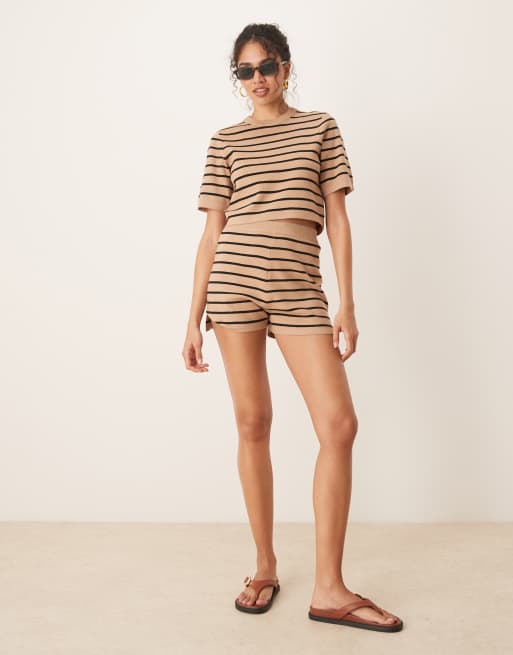 Brave Soul Co-ord short sleeve knitted t-shirt in tan and black stripe , 2 of 4