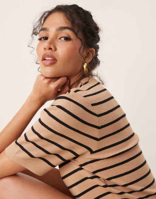 Brave Soul Co-ord short sleeve knitted t-shirt in tan and black stripe , 3 of 4