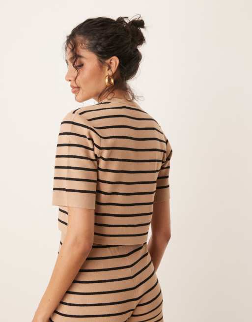Brave Soul Co-ord short sleeve knitted t-shirt in tan and black stripe , 4 of 4