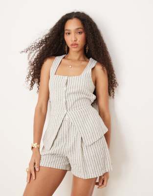 Brave Soul Brave Soul Co-ord square neck button up waistcoat with tie back in ecru stripe-White