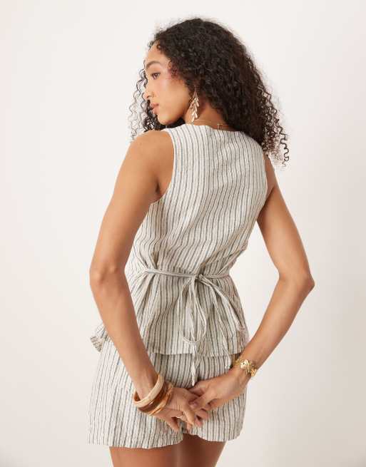 Brave Soul Co-ord square neck button up waistcoat with tie back in ecru stripe, 2 of 4