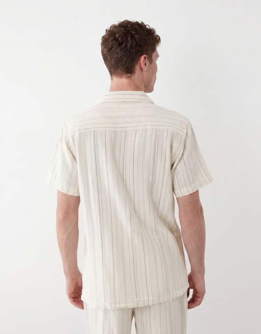 Brave Soul co-ord textured short sleeve shirt in cream and brown stripe, 3 of 5