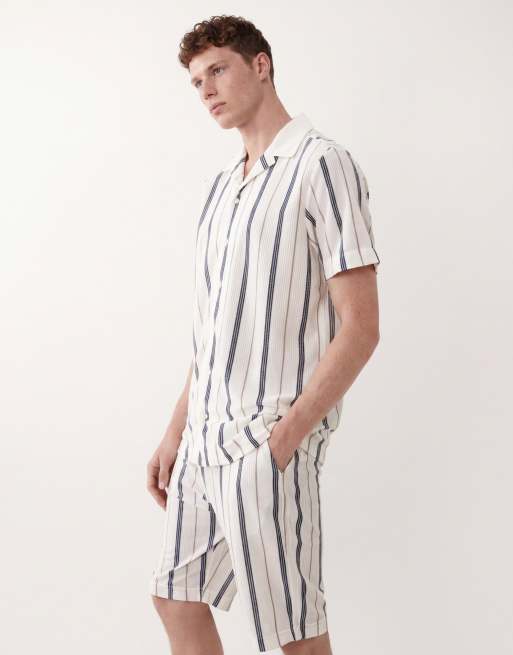 Brave Soul co-ord textured shorts in cream, navy and taupe stripe, 2 of 5