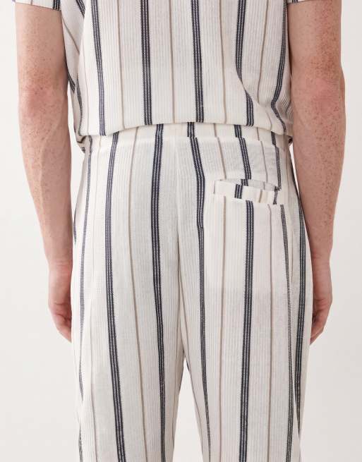 Brave Soul co-ord textured shorts in cream, navy and taupe stripe, 5 of 5