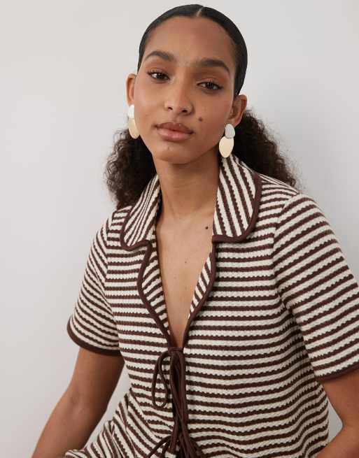 Brave Soul Co-ord tie front shirt crochet top in brown and cream stripe, 4 of 4