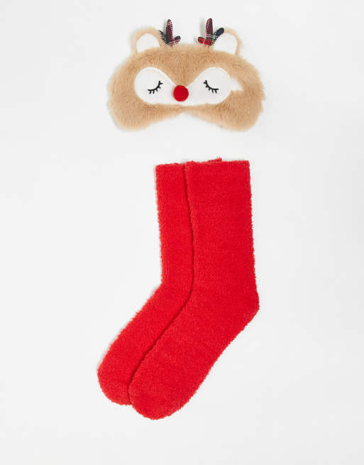 Brave Soul - Coffret cadeau de Noël avec masque de sommeil renne et chaussettes - Rouge