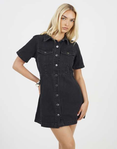 Brave Soul Collared a-line denim mini dress in black - view 1