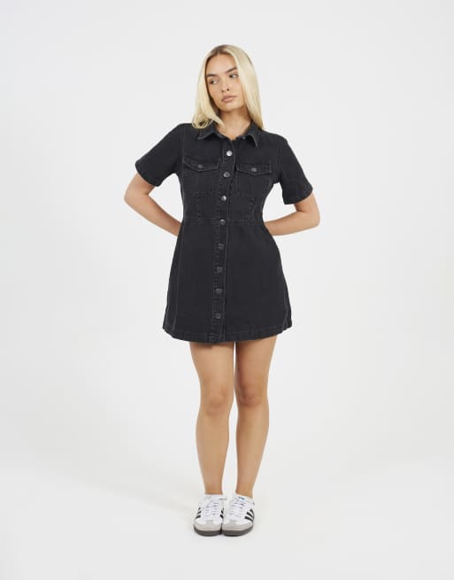 Brave Soul Collared a-line denim mini dress in black, 3 of 4