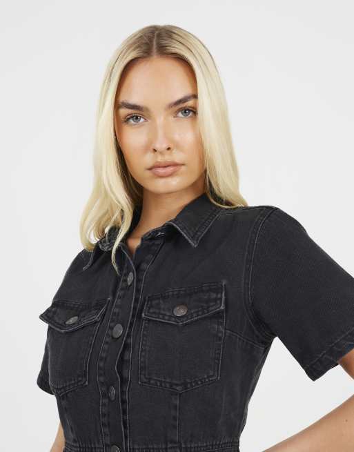 brave soul denim dress Brave Soul Collared a-line denim mini dress in black