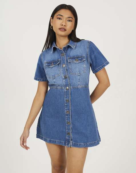Brave Soul Collared a-line denim mini dress in mid blue - view 1