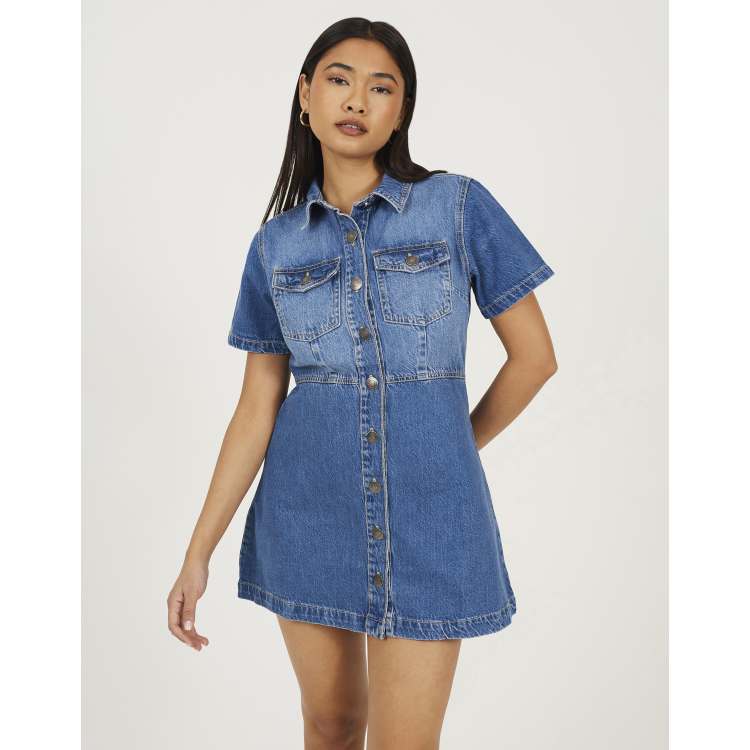 brave soul denim dress Brave Soul Collared a-line denim mini dress in mid blue