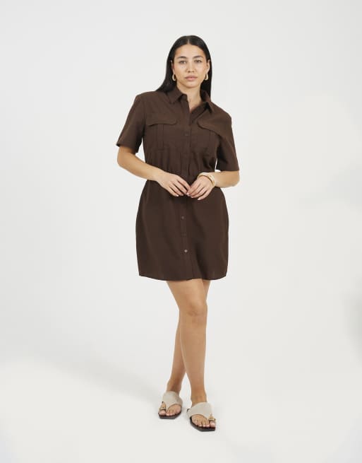 Brave Soul Collared button down mini shirt dress in chocolate, 3 of 4