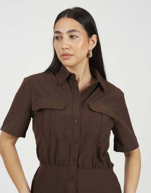 Brave Soul Collared button down mini shirt dress in chocolate, 4 of 4