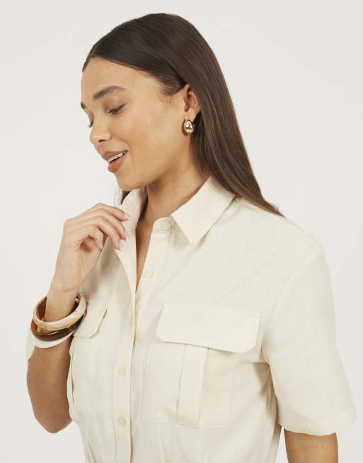 Brave Soul Collared button down mini shirt dress in natural, 4 of 4