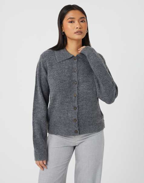 Brave Soul Collared button through knitted cardigan in charcoal - view 1