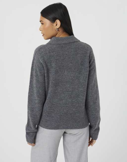 Brave Soul Collared button through knitted cardigan in charcoal, 2 of 4