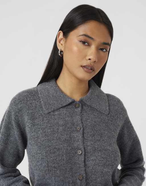 Brave Soul Collared button through knitted cardigan in charcoal, 4 of 4